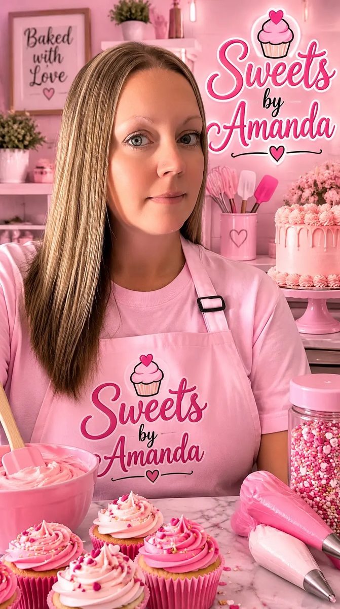 Amanda in a pink Sweets By Amanda apron in her kitchen, with frosted cupcakes, piping bags and a bowl of pink buttercream in front of her
