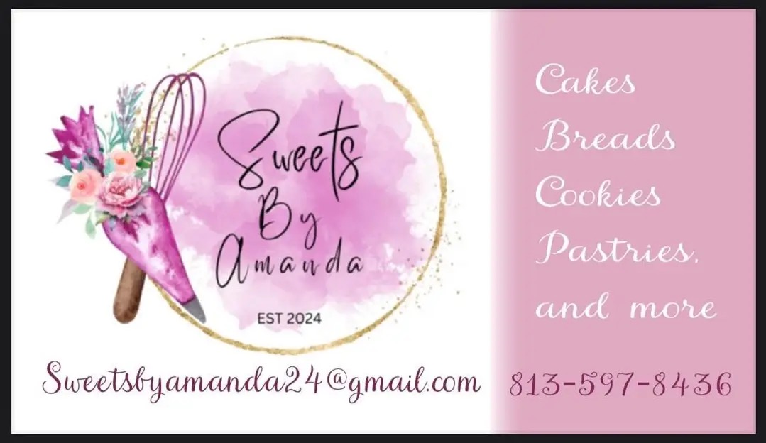 Sweets By Amanda business card listing cakes, breads, cookies and pastries
